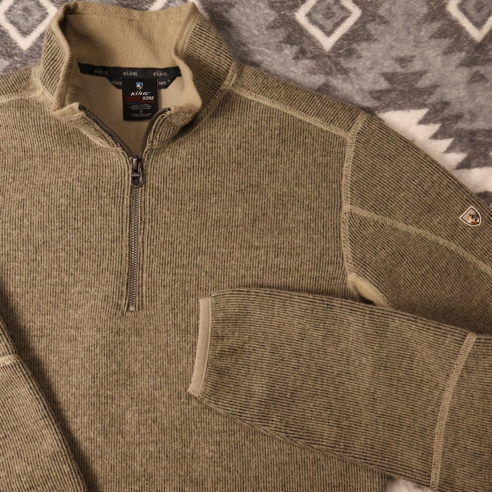 Kuhl ThermoKore Khaki Tan 1/4 Zip Ribbed Pullover Sweater Mens Small